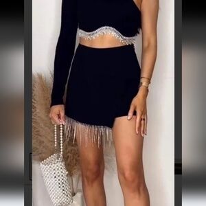 Zara Black Mini Skirt with Silver Rhinestone Fringe Detail Women's S Party Sexy